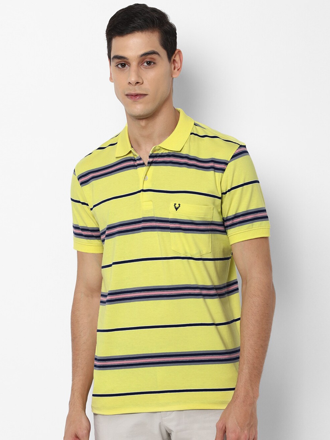 

Allen Solly Men Yellow Striped Pure Cotton Polo Collar T-shirt