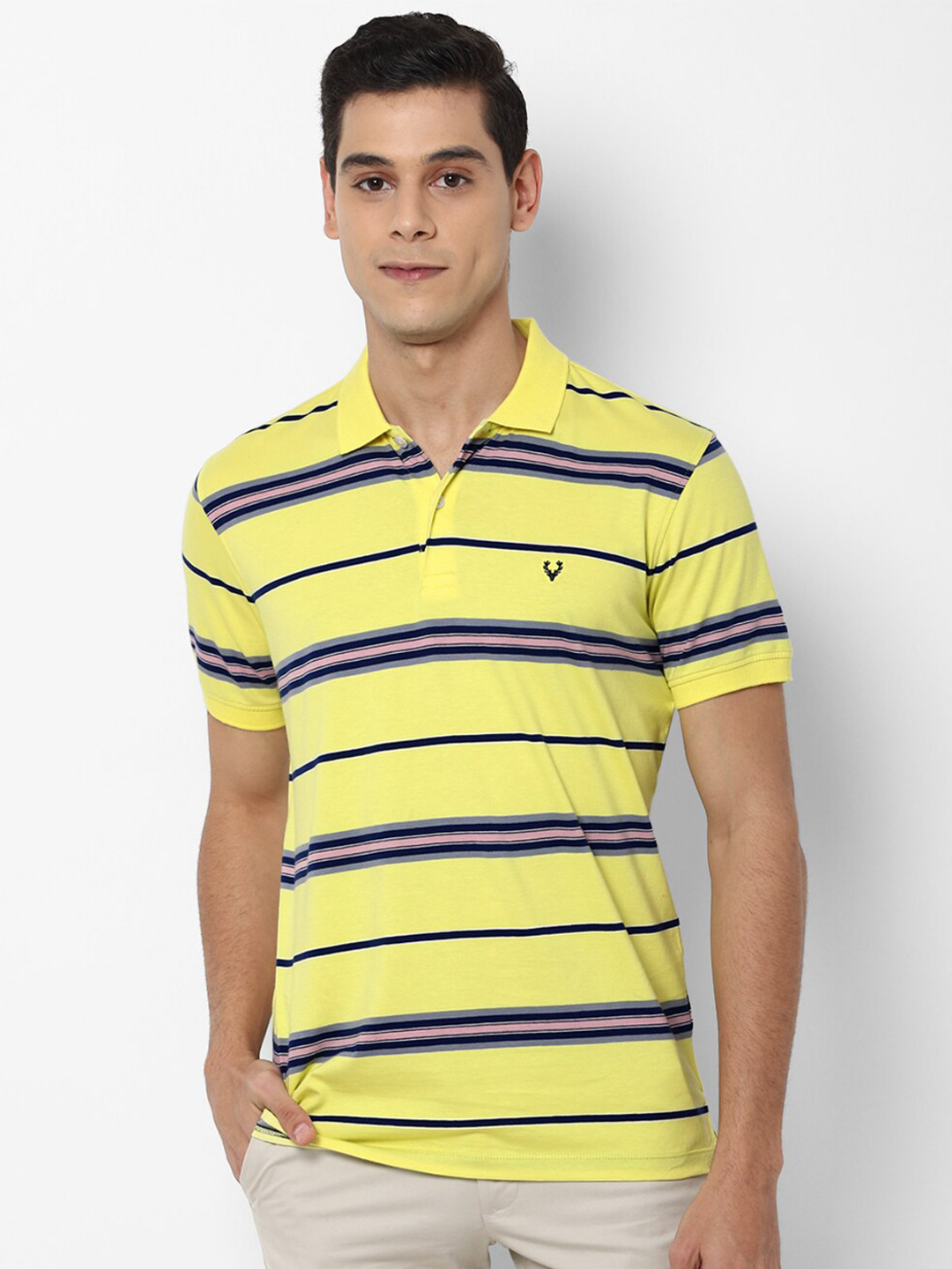 

Allen Solly Men Yellow & Black Striped Polo Collar Pure Cotton T-shirt
