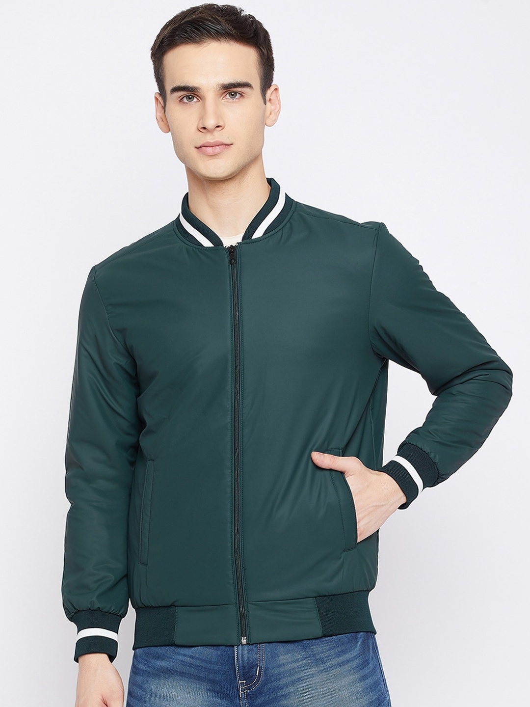 

Camey Men Green Solid Lightweight Bomber Jacket