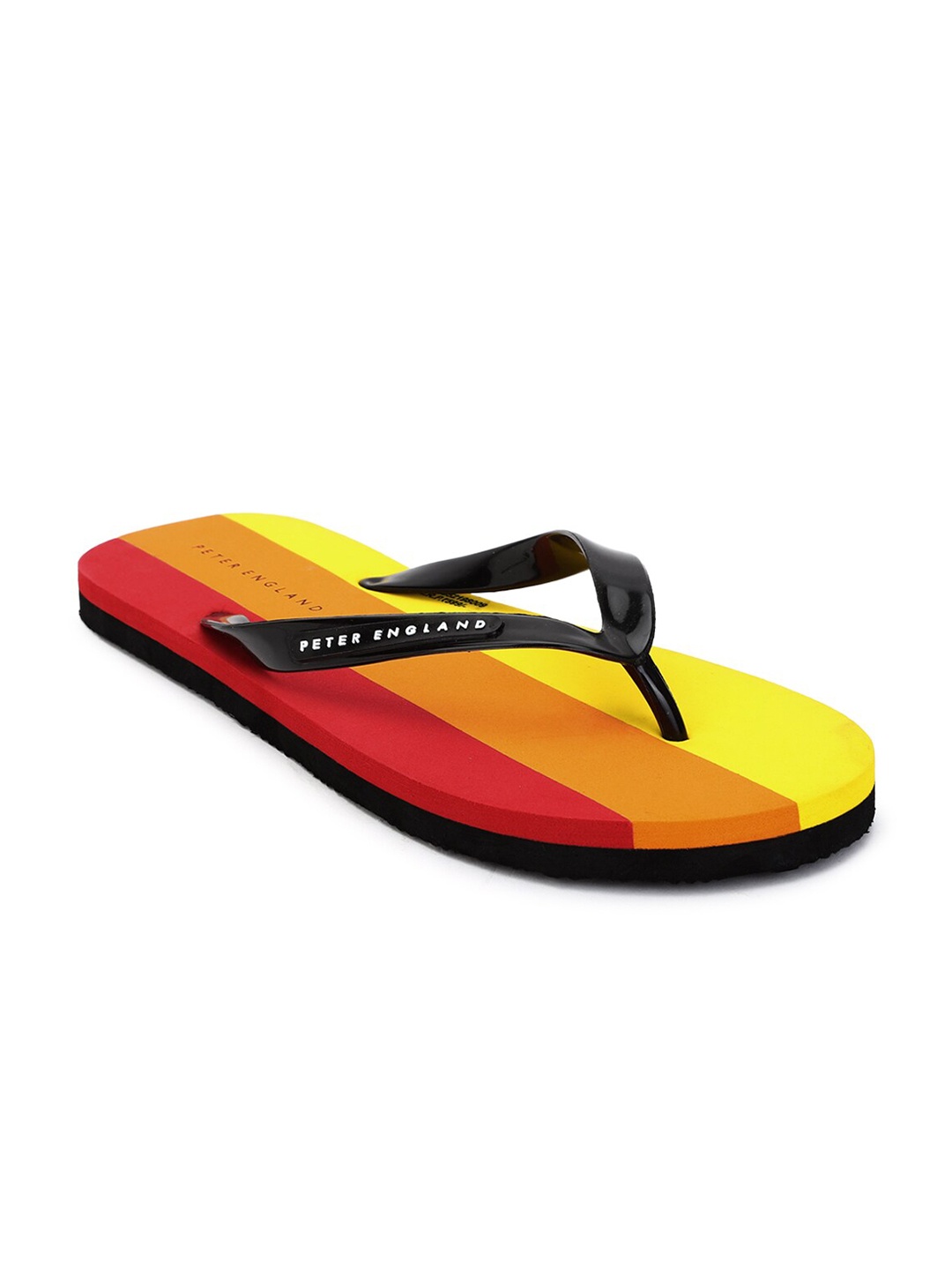 

Peter England Men Black & Yellow Striped Rubber Thong Flip-Flops