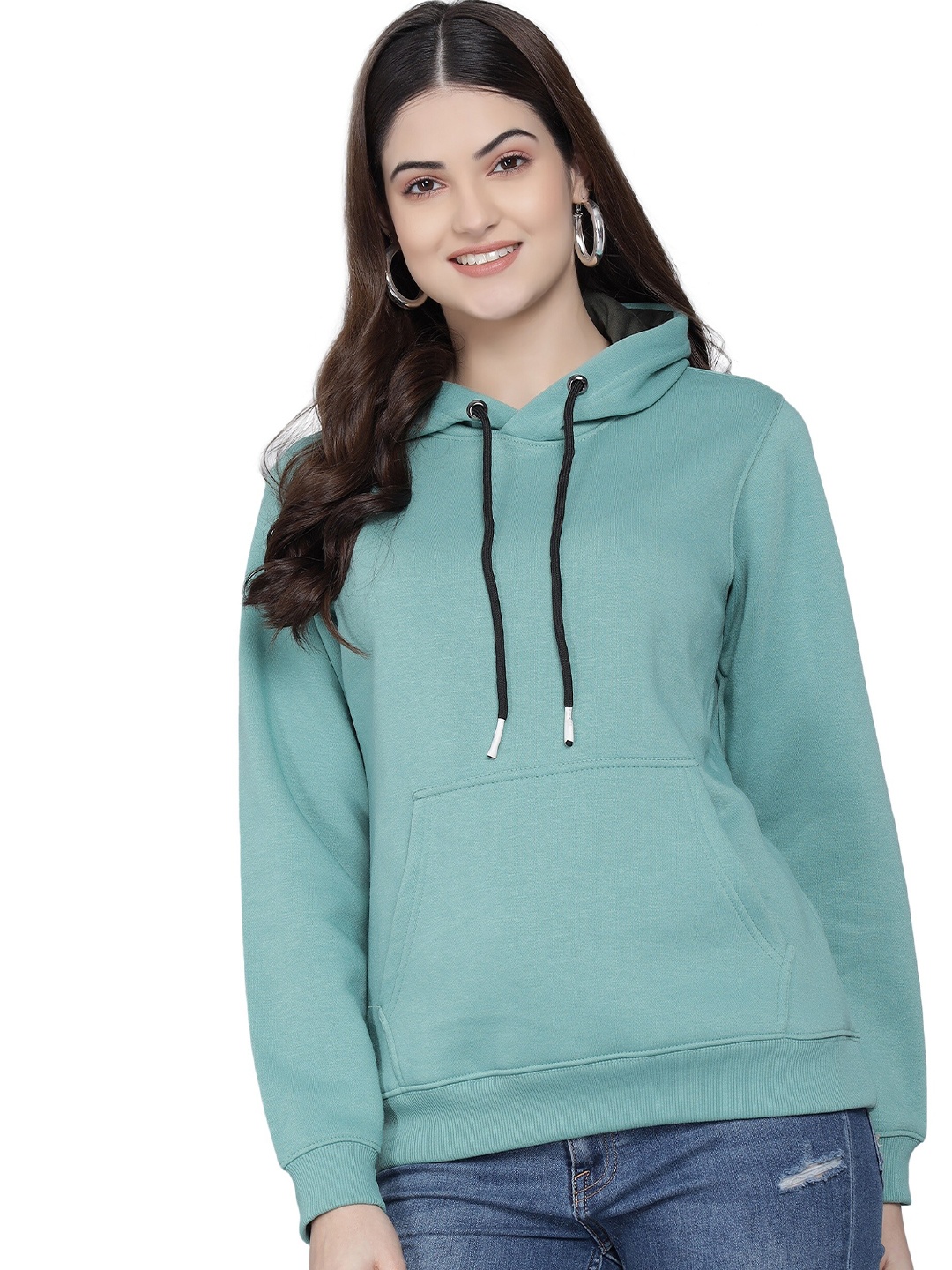 

PockMAN Women Green Hooded Fleece Sweatshirt
