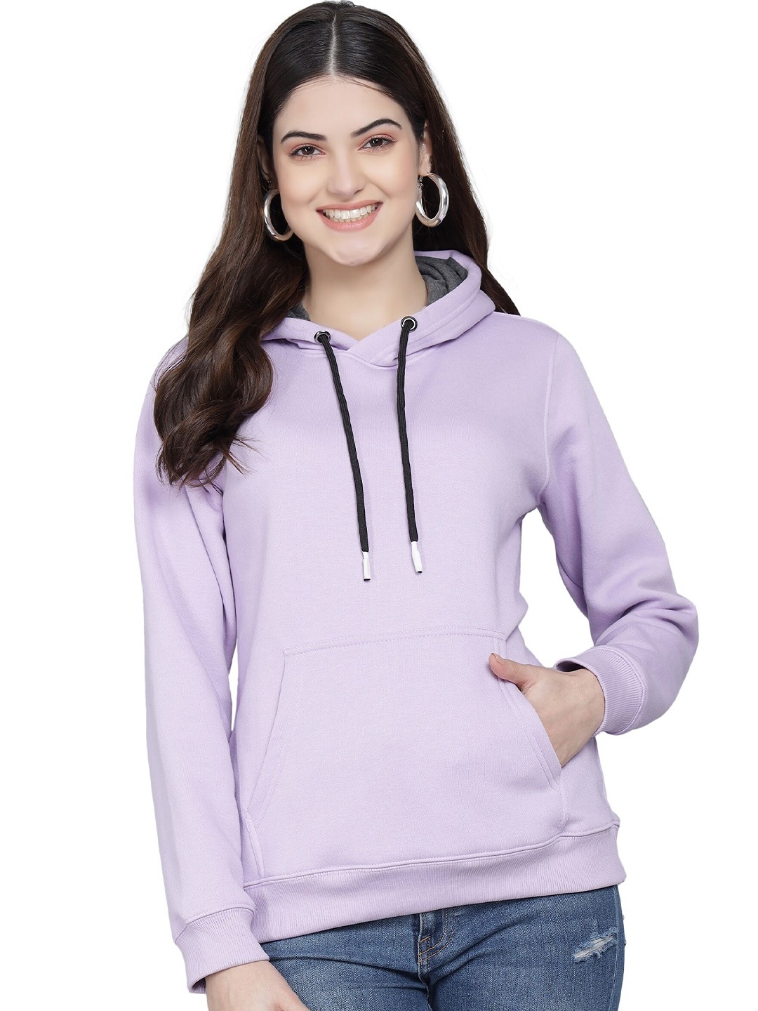 

PockMAN Women Lavender Solid Hooded Sweatshirt