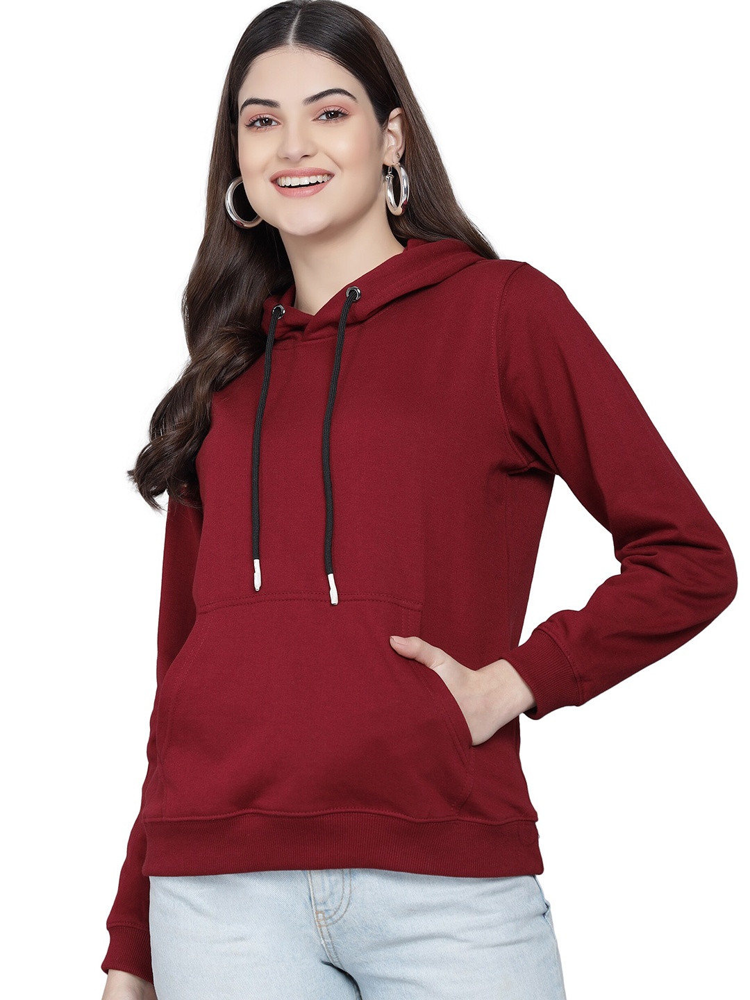 

PockMAN Women Maroon Hooded Fleece Sweatshirt