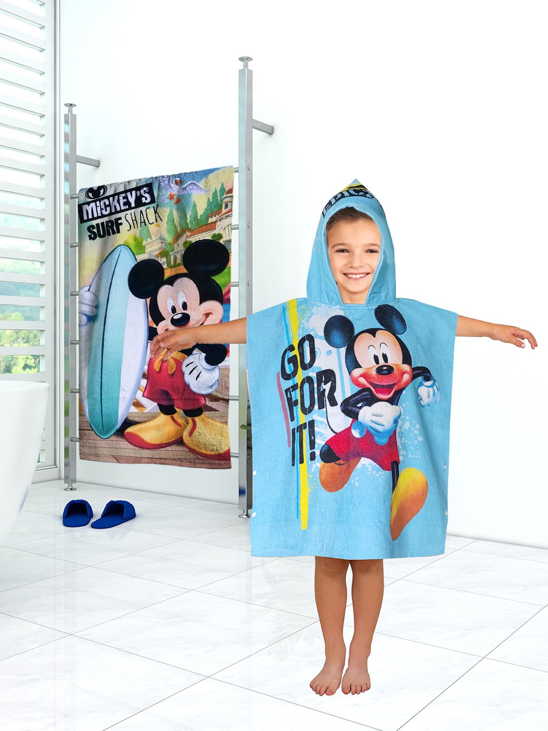 

Disney Kids Blue & Red Mickey Mouse Printed 350GSM Cotton Hooded Poncho and Bath Towel Set