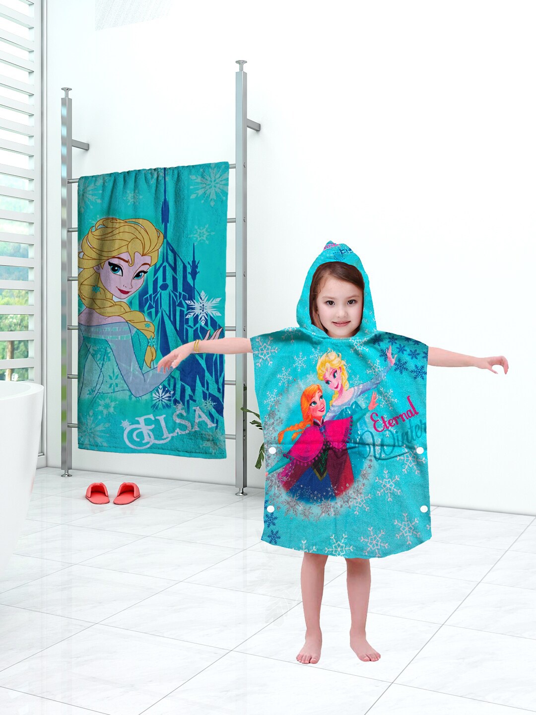 

Disney Pack of 2 Kids Frozen Printed Hooded Bath Towel, Turquoise blue