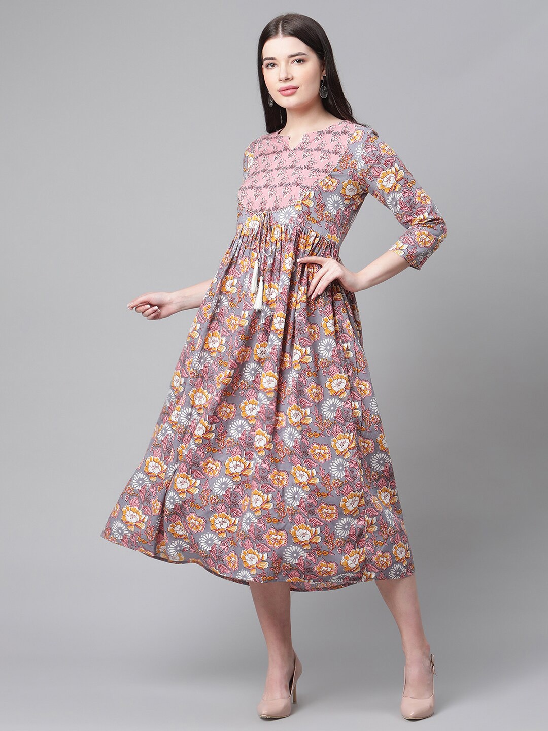 

Sringam Women Grey & Pink Ethnic Motifs Cotton A-Line Midi Dress