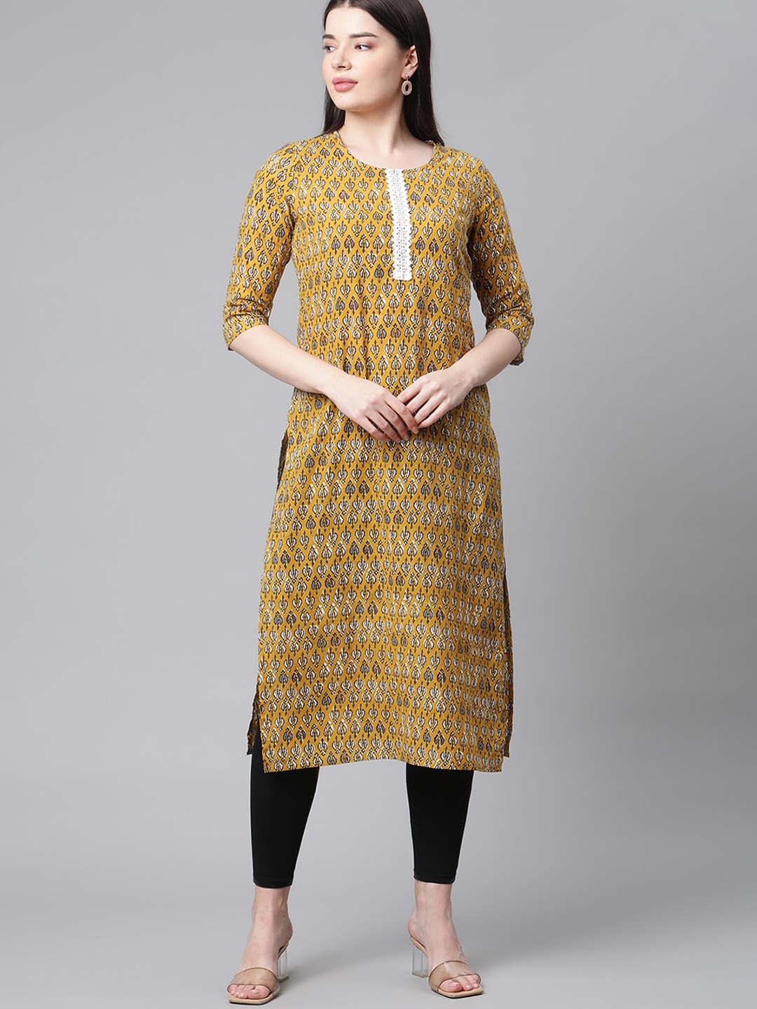 

Sringam Women Mustard Yellow & Black Geometric Printed Cotton Straight Kurta