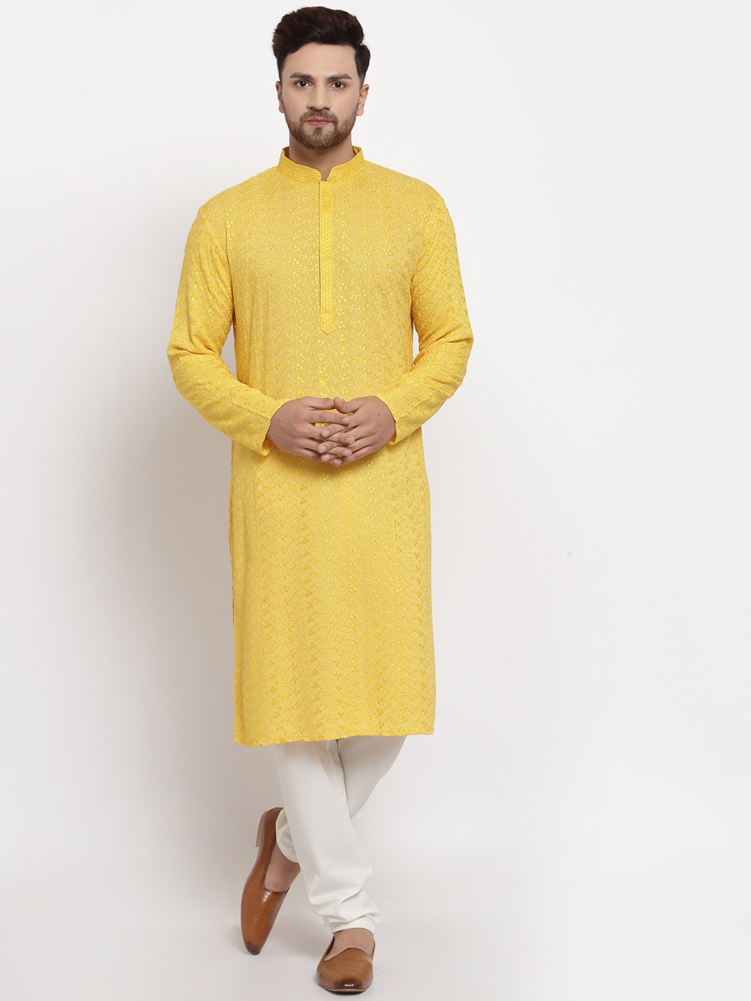 

MOHANLAL SONS Men Yellow Ethnic Motifs Embroidered Chikankari Kurta