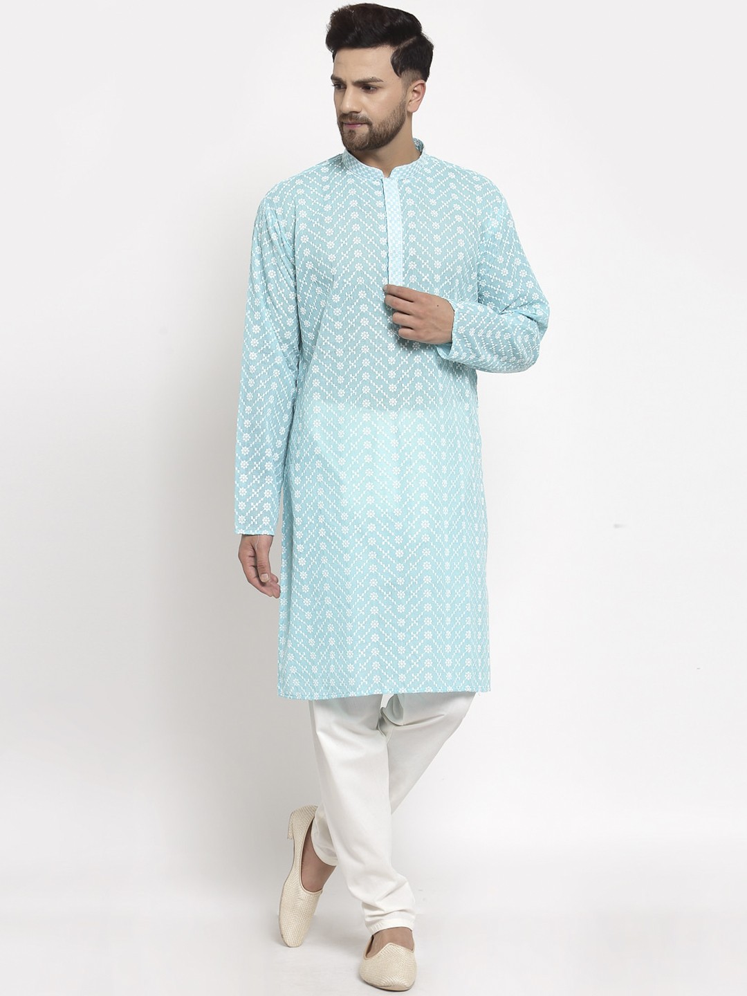 

MOHANLAL SONS Men Turquoise Blue Ethnic Motifs Embroidered Chikankari Kurta