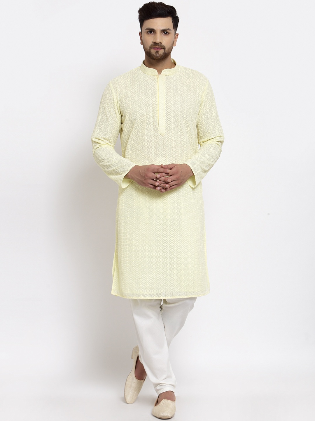 

MOHANLAL SONS Men Yellow Floral Chikankari Georgette Kurta