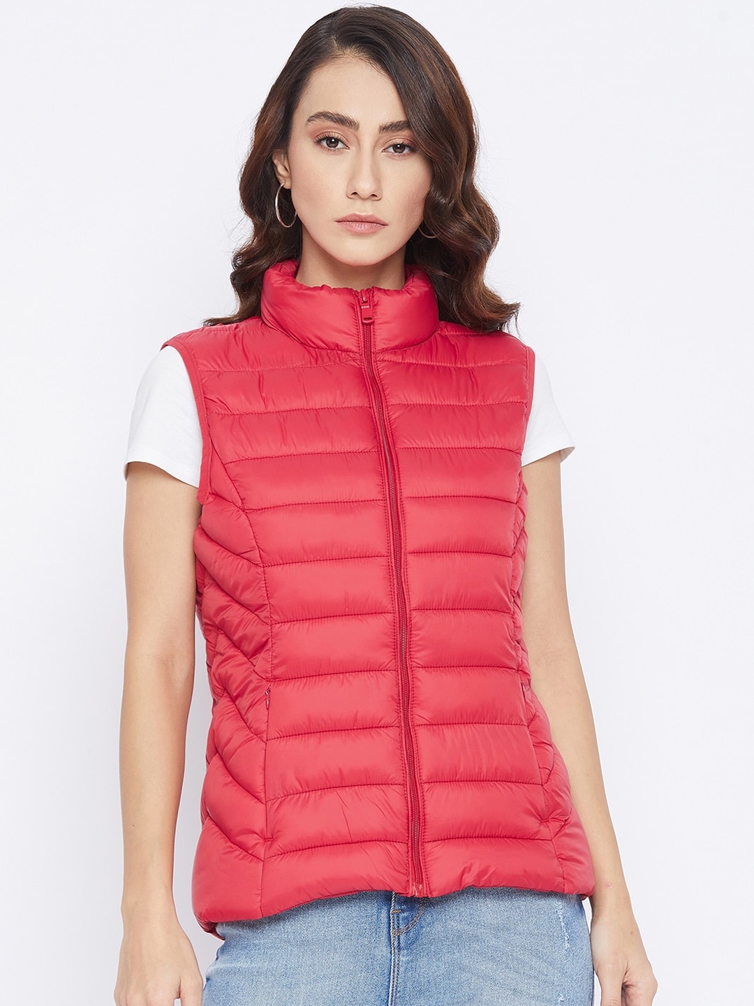 

Madame Women Red Solid Lightweight Mock Collar Padded Jacket