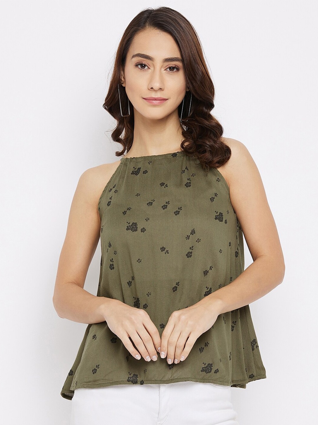 

Nun Olive Green & Black Floral Print Strappy A-Line Top