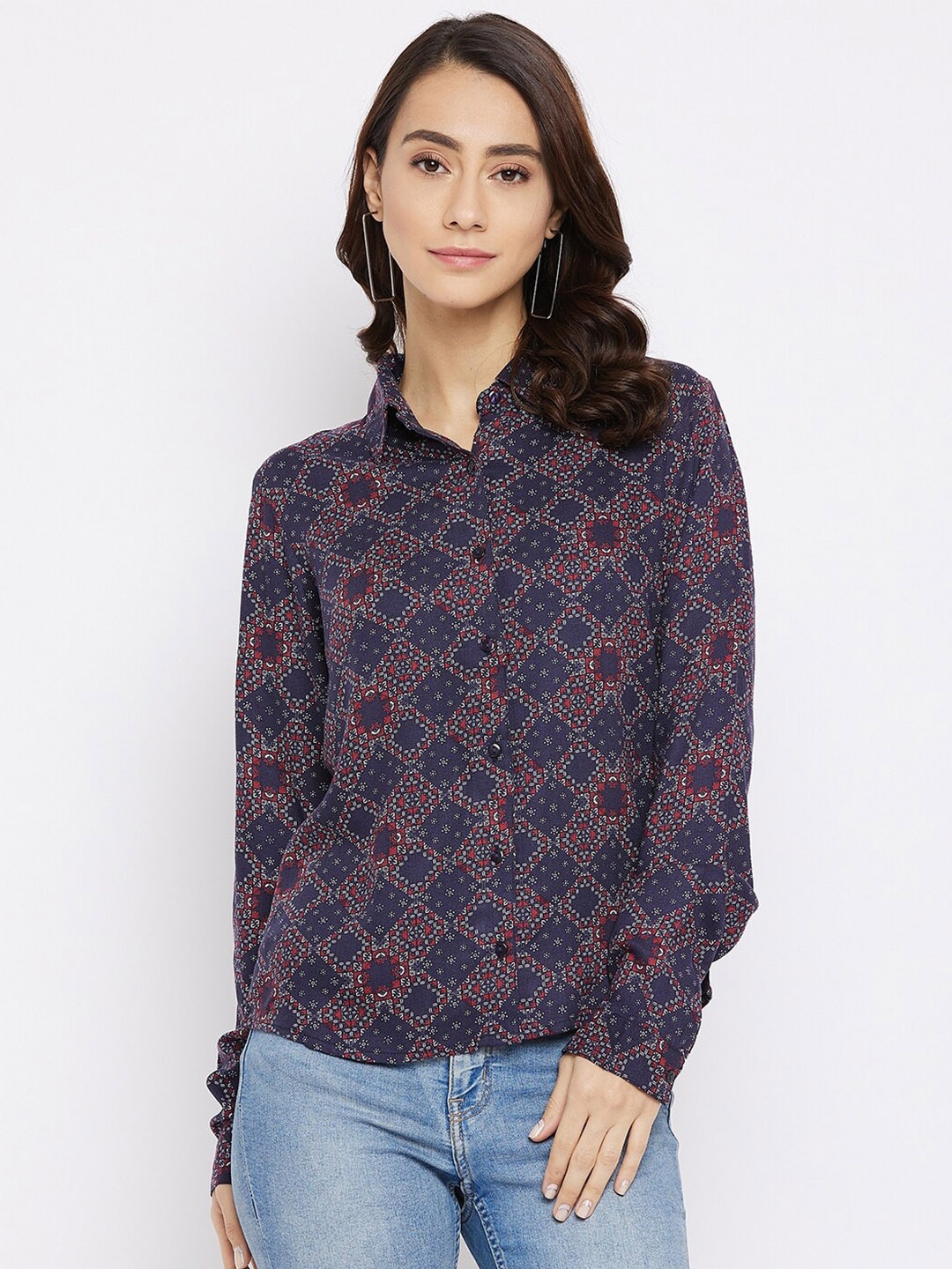 

Nun Navy Blue & Red Geometric Print Shirt Collar Crepe Shirt Style Top