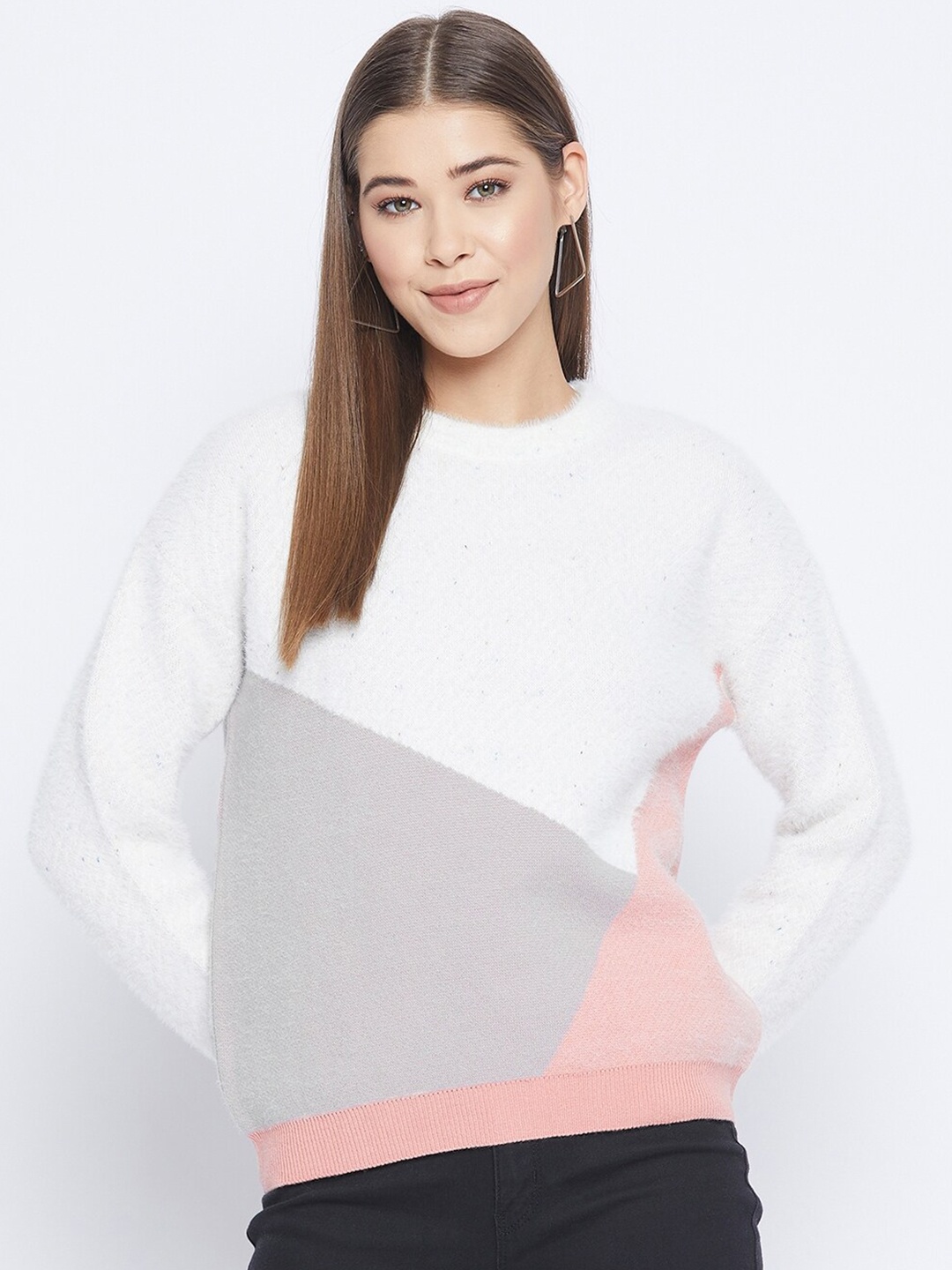 

Madame Women Peach-Coloured & White Colourblocked Wool Pullover