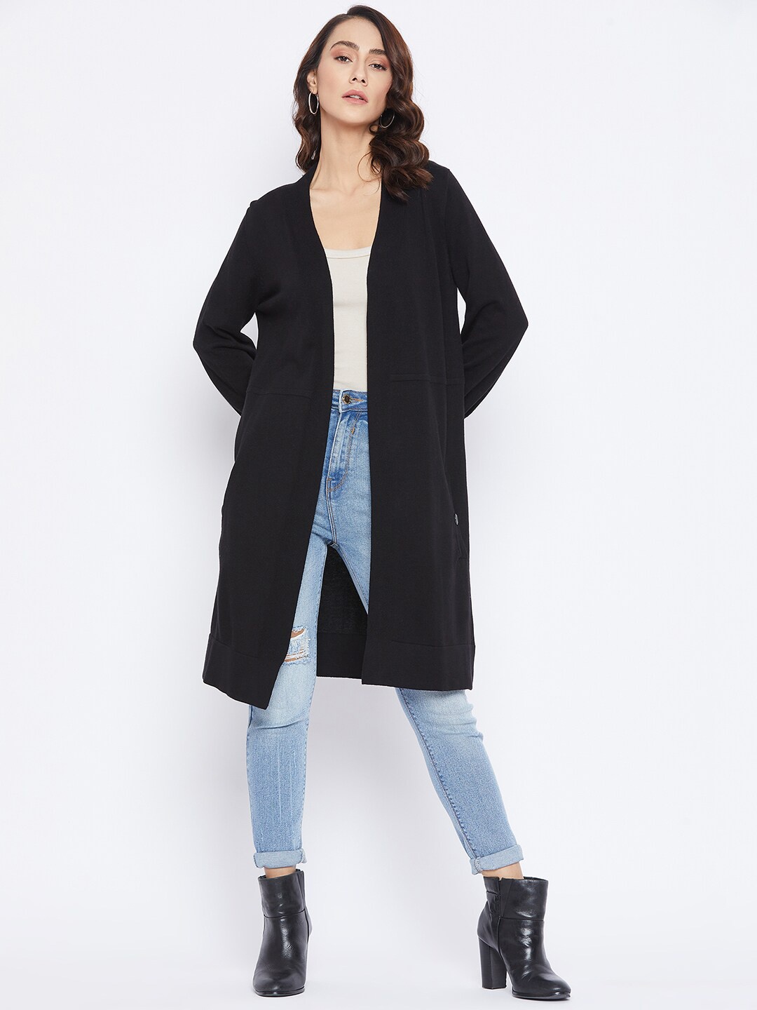 

Madame Women Black Longline Winter Woolen Front-Open Sweater