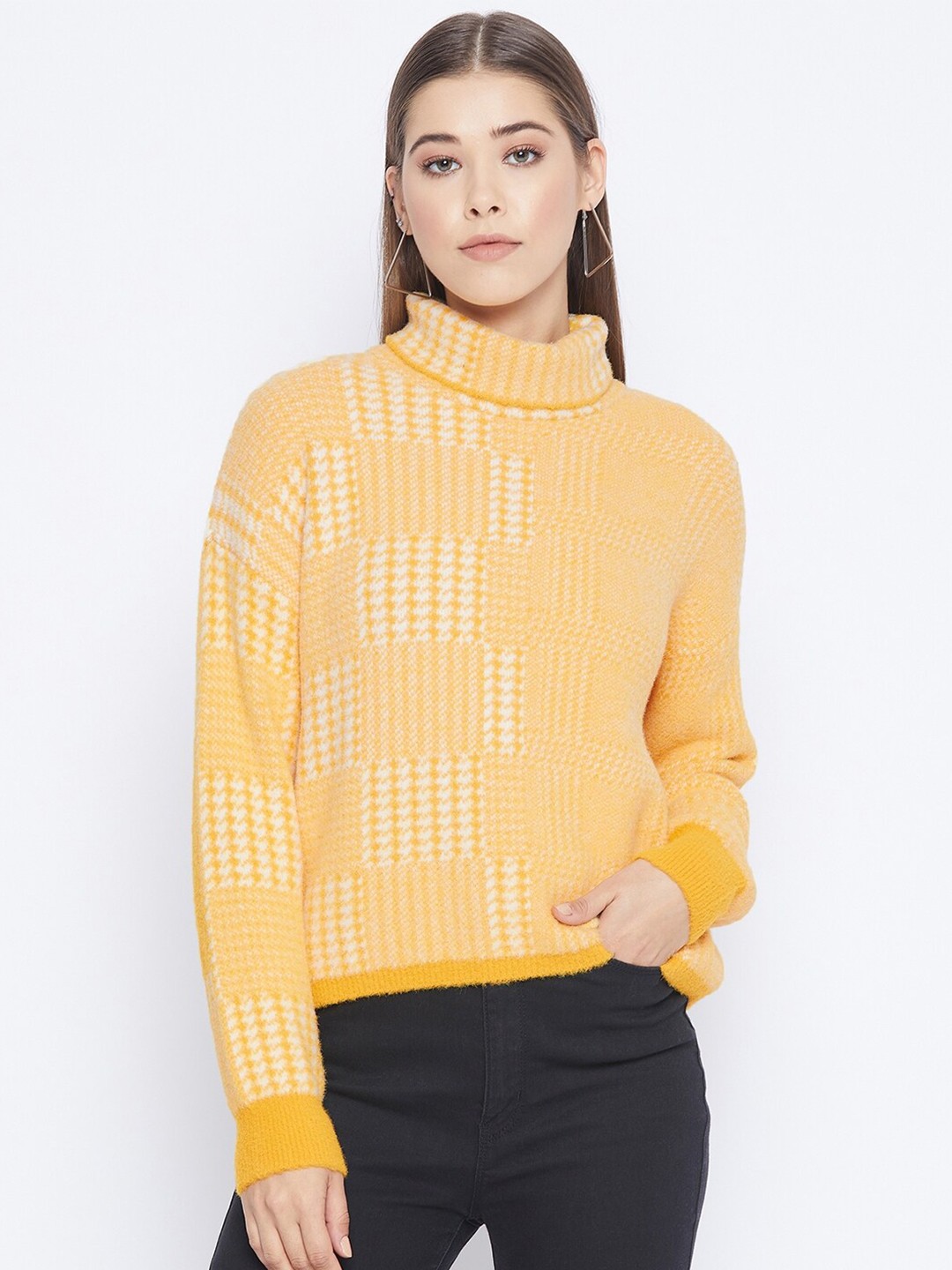 

Madame Women Mustard Geometric Printed Wool Pullover Sweater