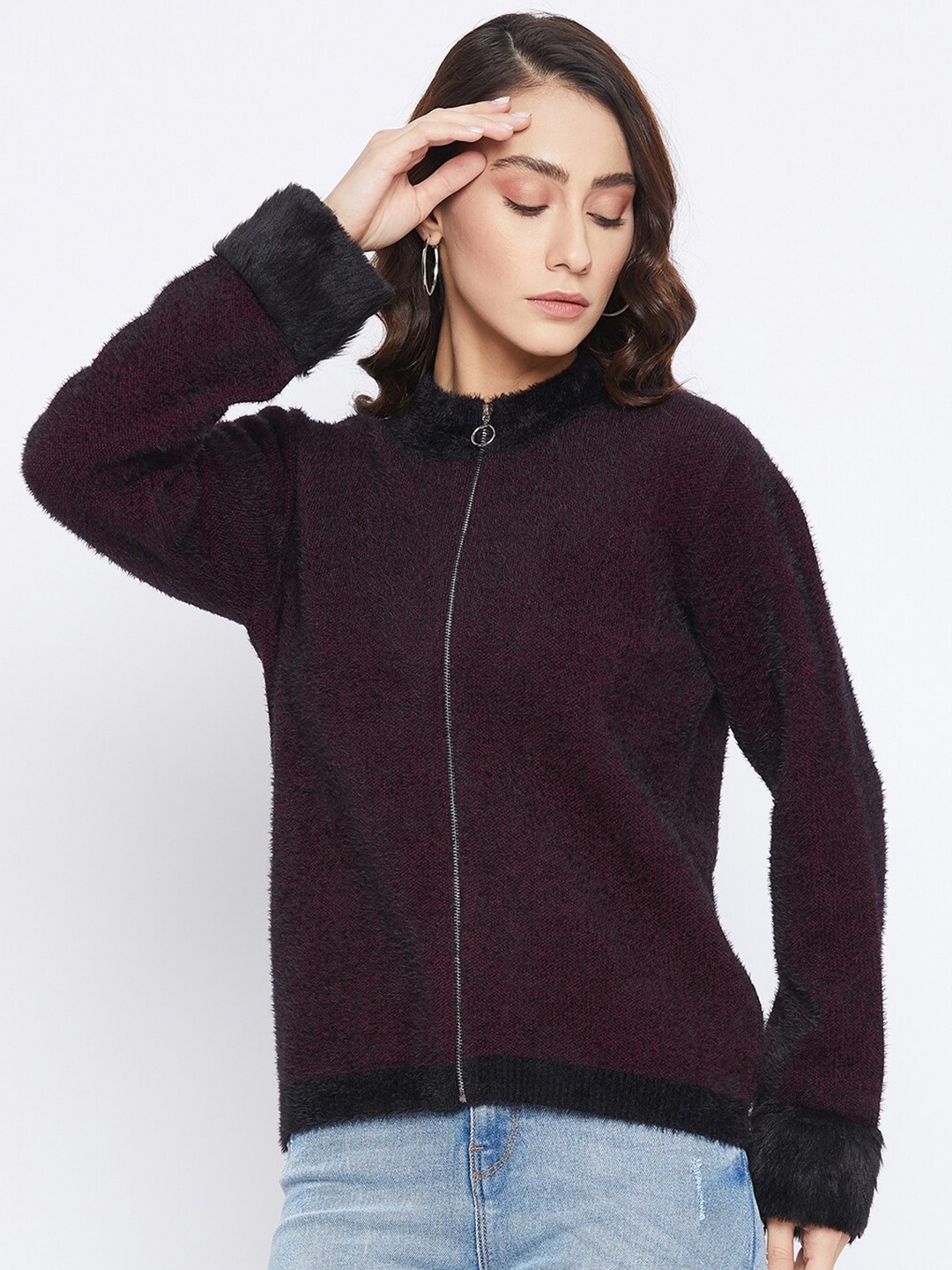 

Madame Women Maroon & Black Wool Pullover with Fuzzy Detail