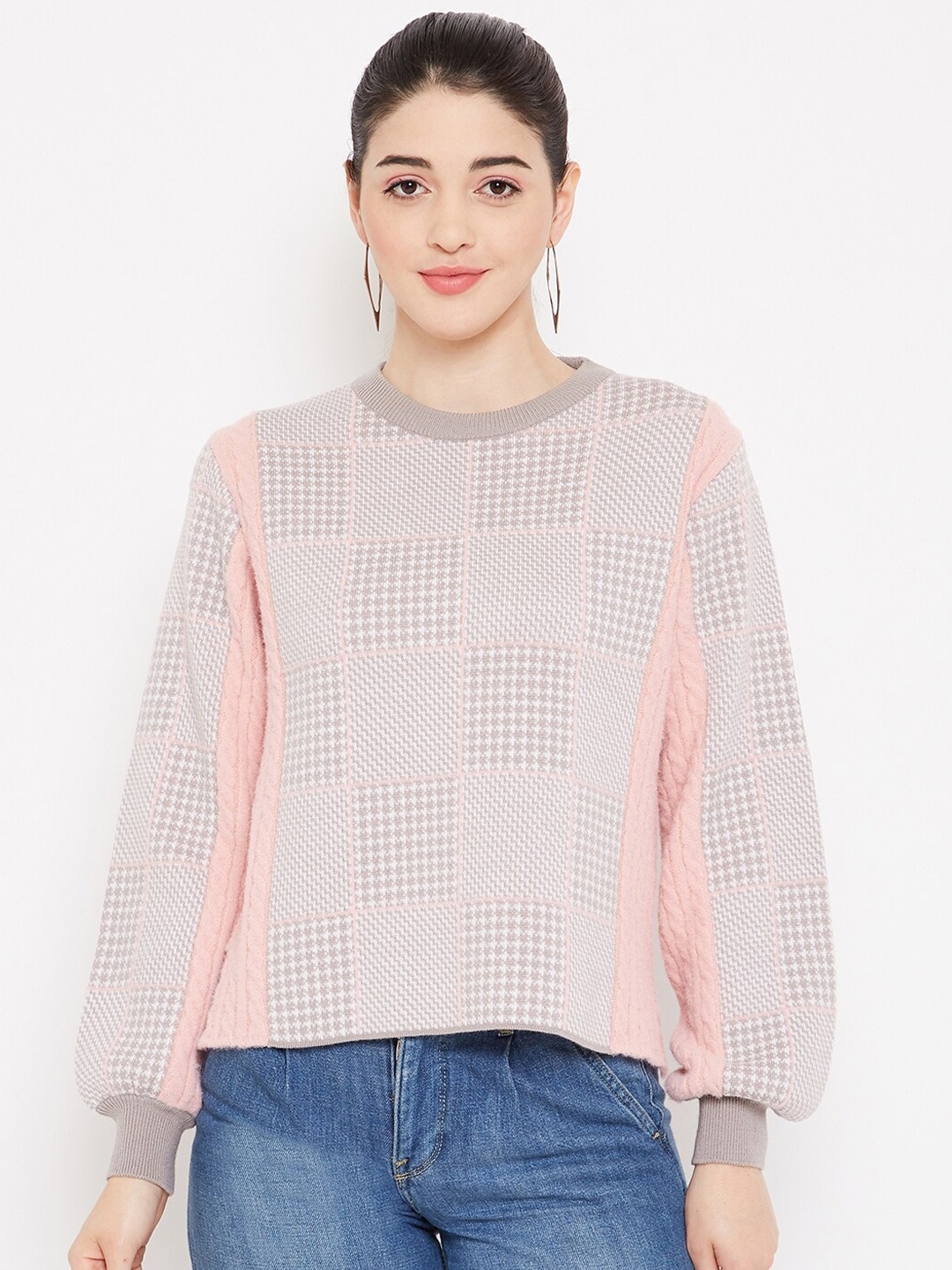 

Madame Women Pink & Grey Printed Wool Pullover