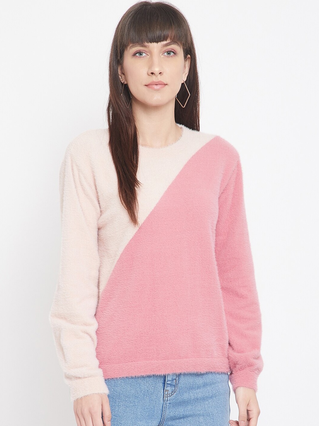 

Madame Women Pink & Peach-Coloured Colourblocked Pullover with Fuzzy Detail