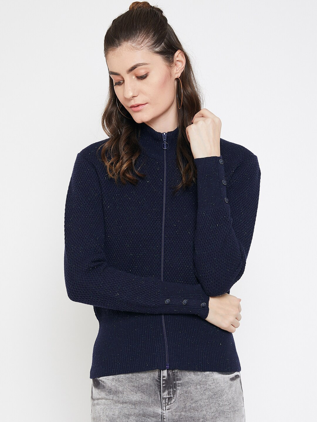 

Madame Women Navy Blue Self Design Wool Cardigan