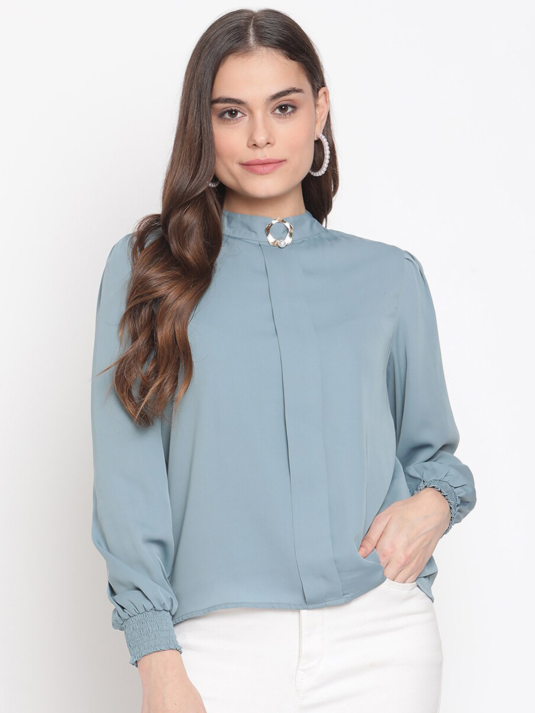 

Madame Turquoise Blue Mandarin Collar Shirt Style Top