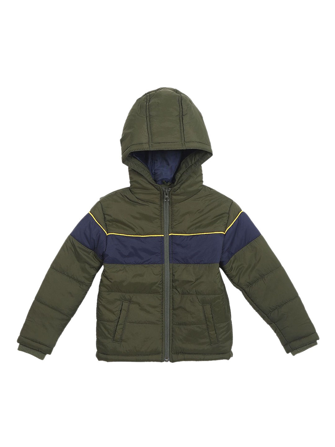 

Cherokee Boys Olive Green & Navy Blue Colourblocked Hooded Puffer Jacket