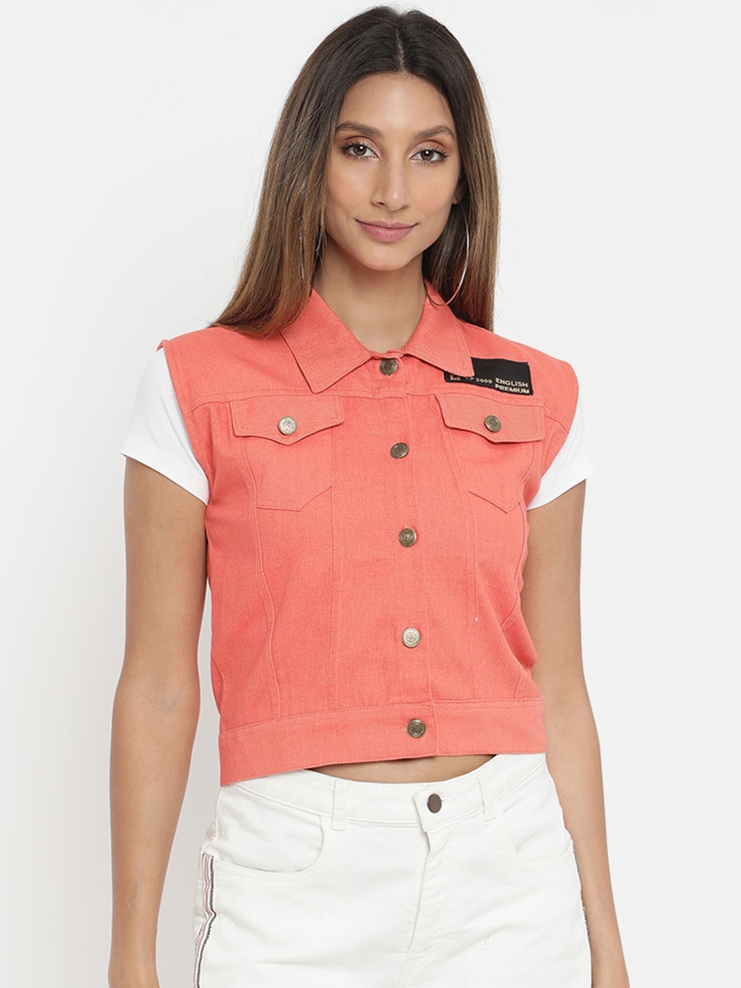 

V2 Value & Variety Women Coral Crop Denim Jacket