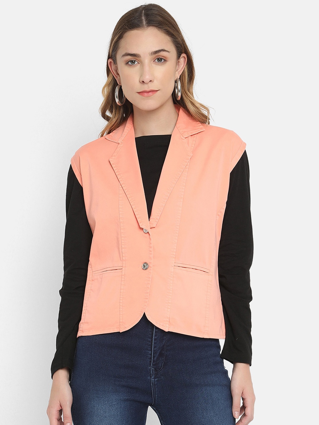 

V2 Value & Variety Women Peach-Coloured Solid Single-Breasted Blazer