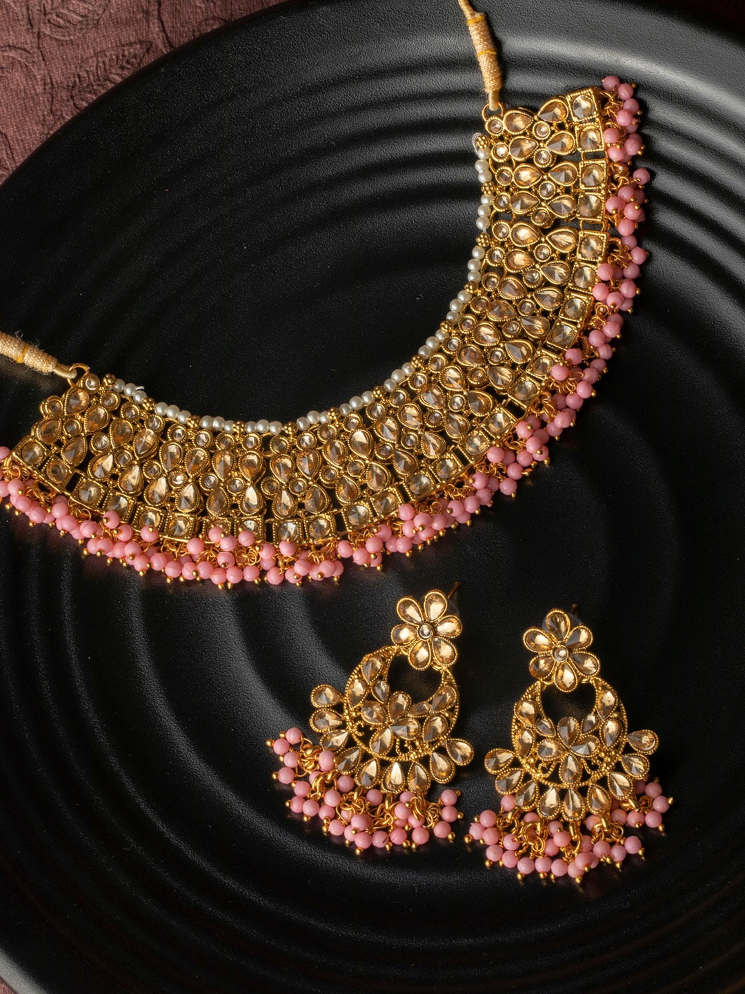 

Priyaasi Gold-Plated Beige & Pink Stone-Studded & Beaded Jewellery Set