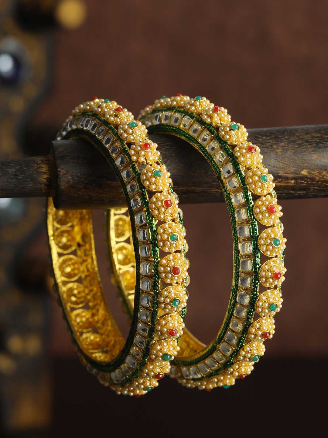 

Priyaasi Set Of 2 Gold-Plated White & Yellow Kundan Studded & Pearls Beaded Bangles