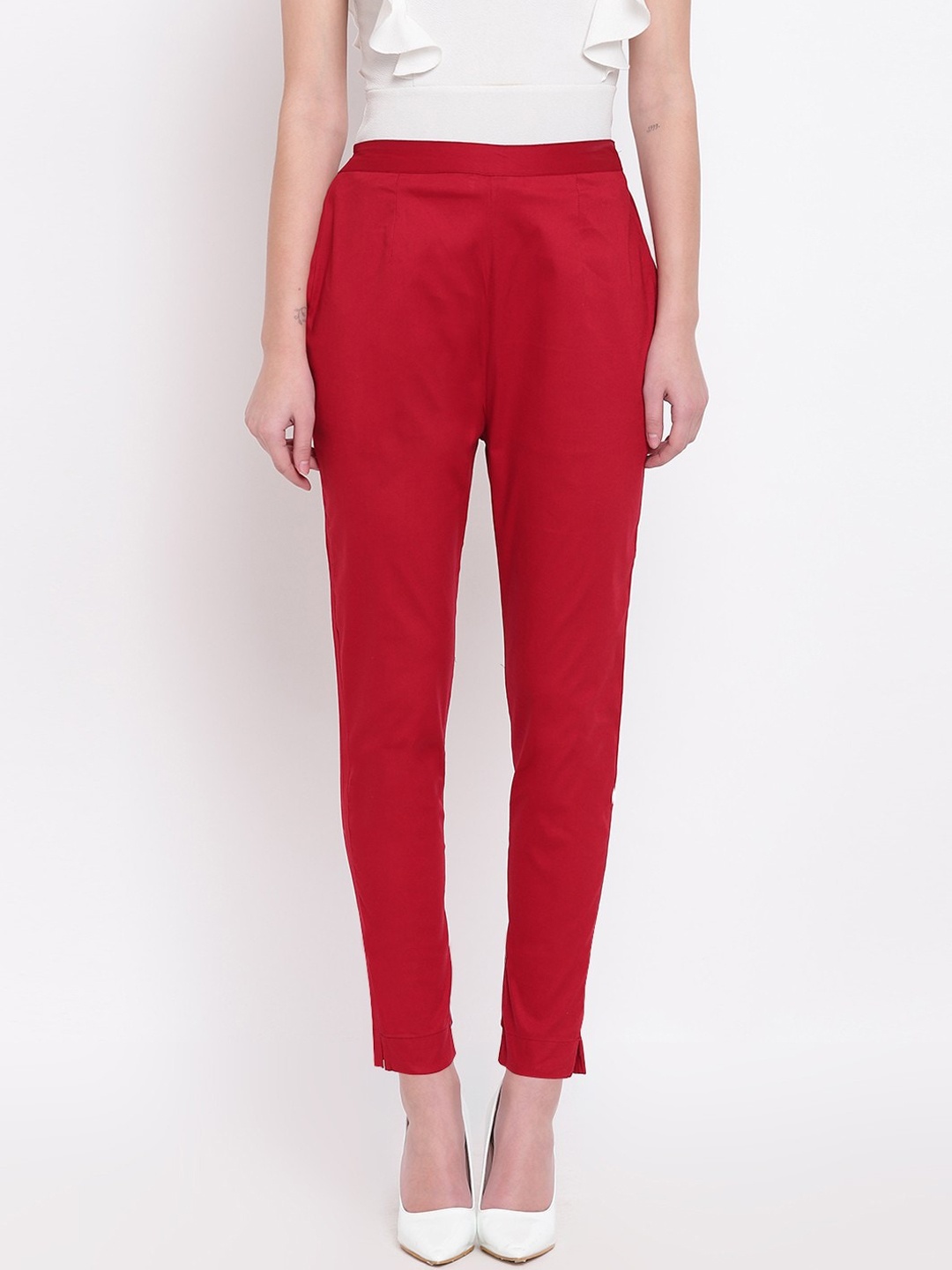 

RIVI Women Maroon Cotton Solid Regular Fit Mid-Rise Trousers