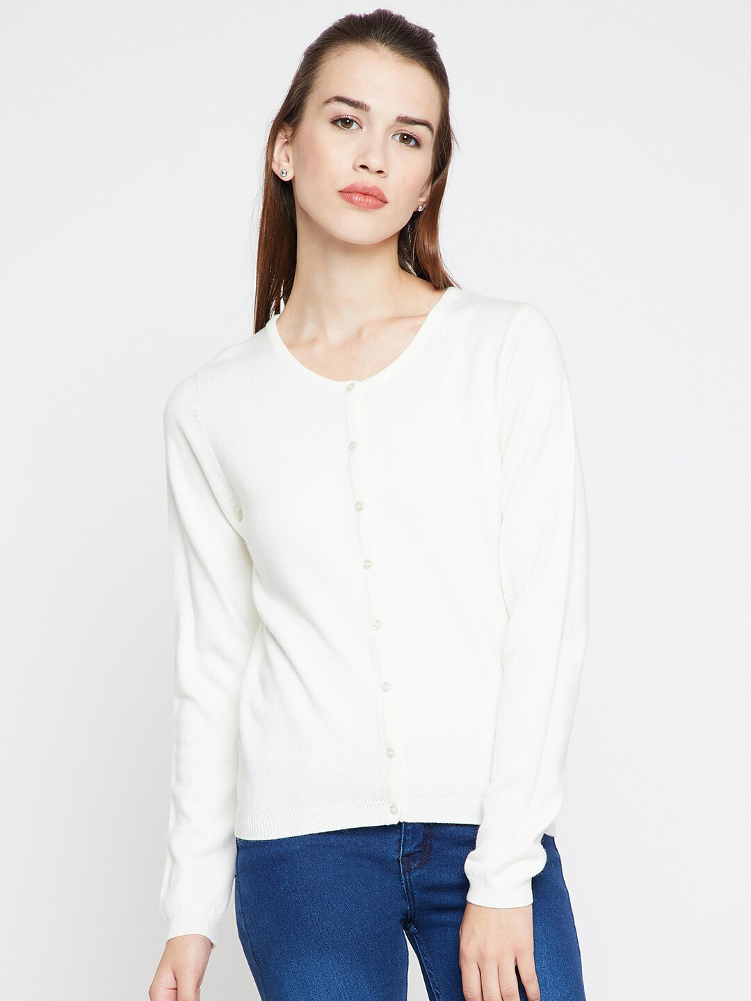 

Madame Women Off White Solid Round Neck Cardigan