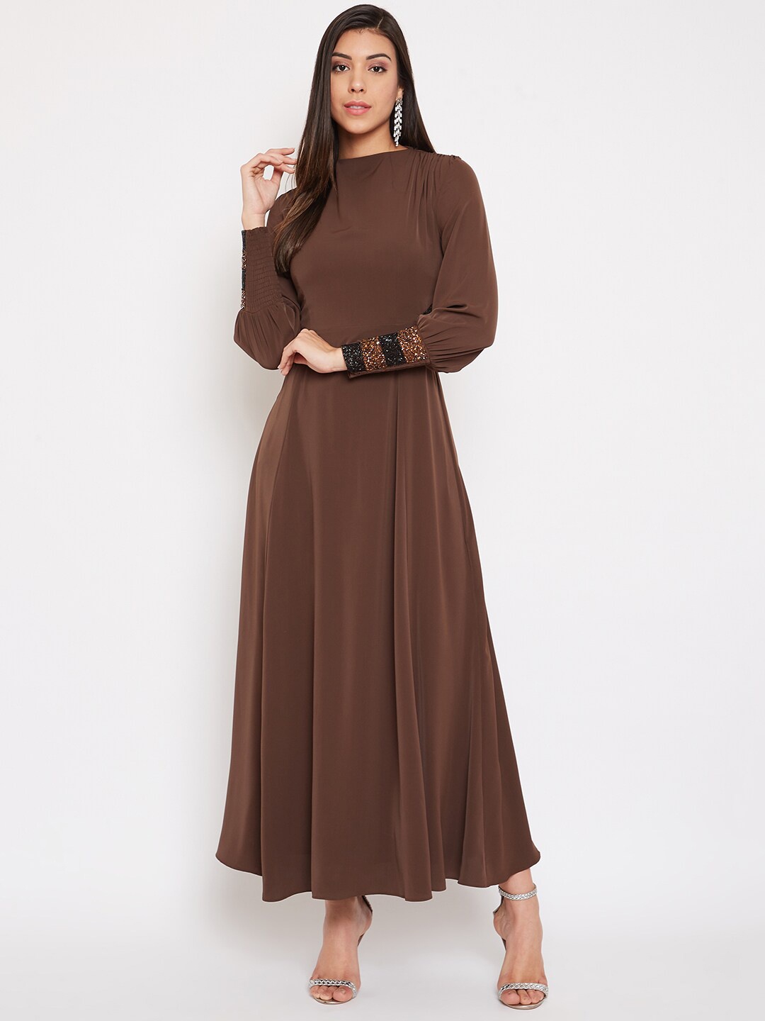 

Madame Women Brown & Black Embellished Maxi Dress
