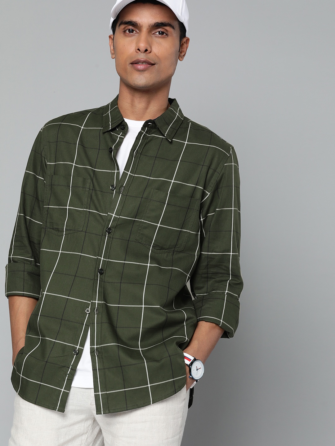 

Harvard Men Olive Green & Off-White Pure Cotton Checked Casual Shirt