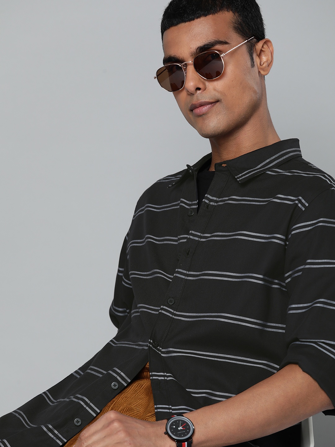 

Harvard Men Black & Off-White Pure Cotton Striped Casual Shirt