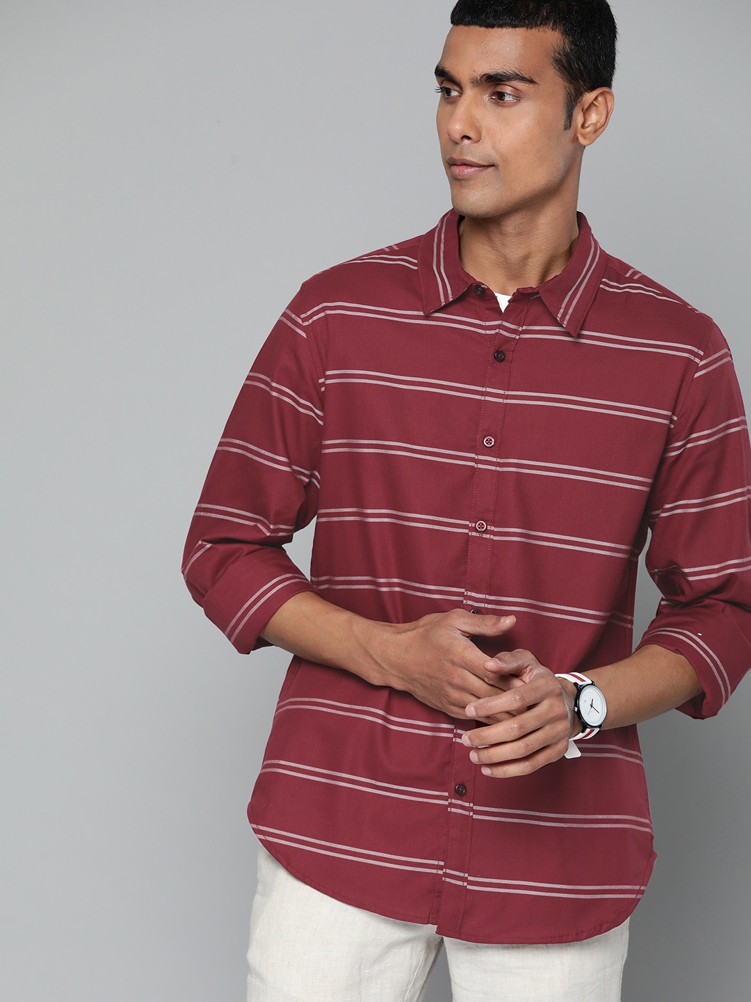 

Harvard Men Maroon & Off-White Pure Cotton Striped Casual Shirt