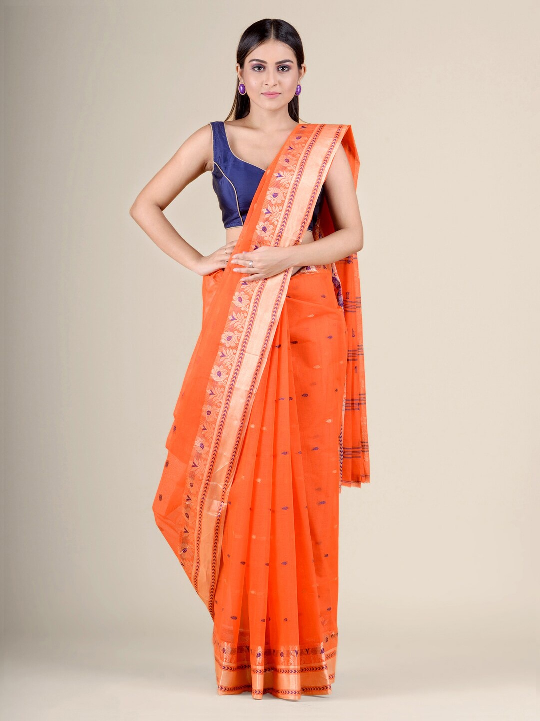 

Charukriti Orange Woven Design Pure Cotton Saree