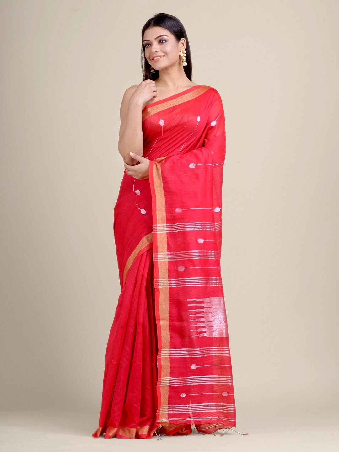 

Charukriti Women Red Embellished Handloom Saree With Zari Details