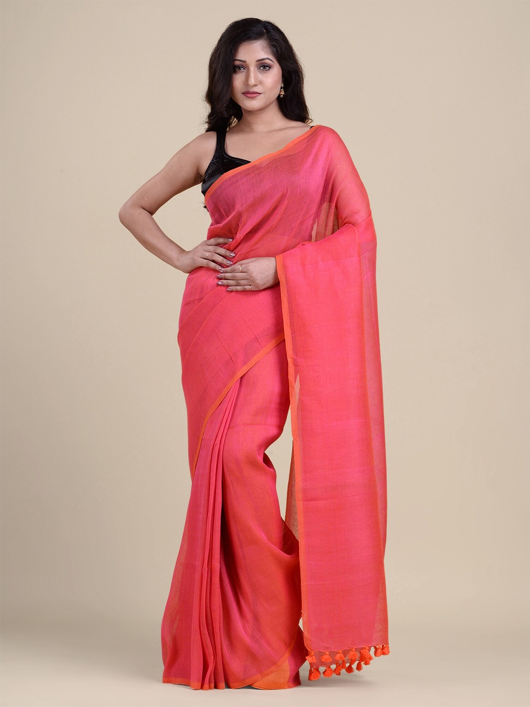 

Charukriti Red & Orange Pure Linen Saree