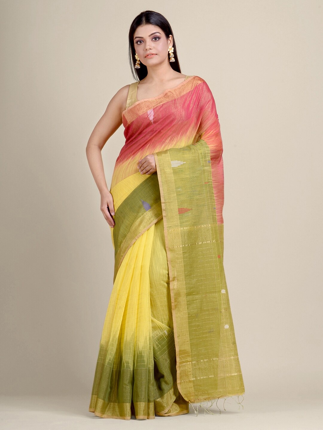 

Charukriti Yellow & Red Woven Design Zari Saree