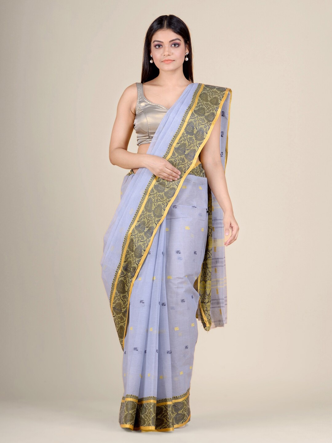 

Charukriti Blue & Black Ethnic Motifs Pure Cotton Taant Saree