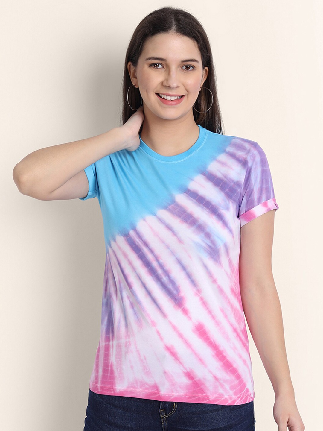 

BE AWARA Women Blue & Pink Tie & Dye T-shirt