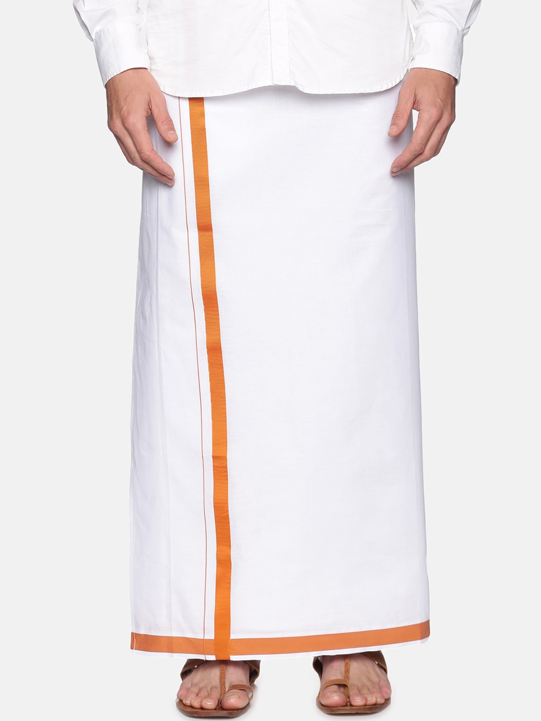 

Sethukrishna Men White & Orange Solid Cotton Readymade Mundu