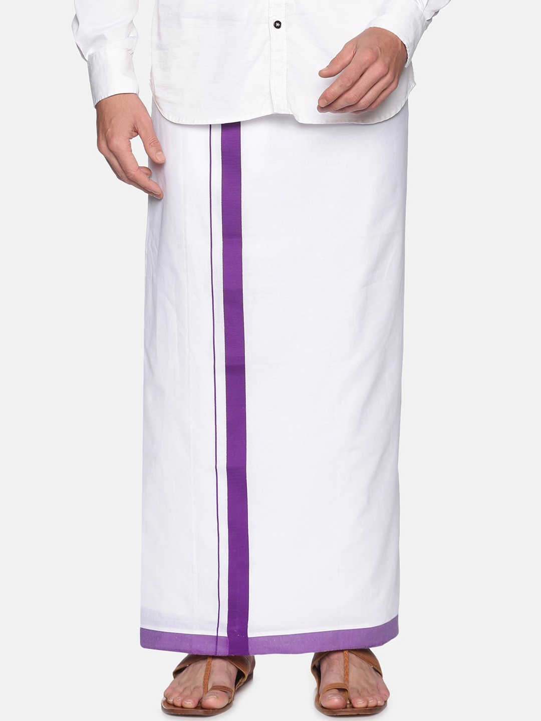 

Sethukrishna Men White & Purple Solid Cotton Readymade Mundu