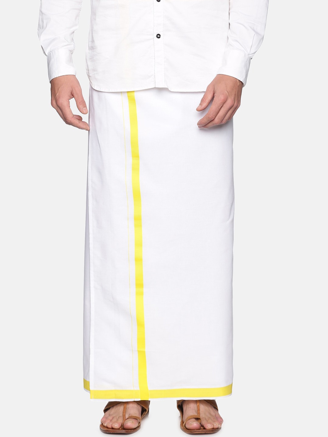 

Sethukrishna Men White & Yellow Solid Cotton Readymade Mundu