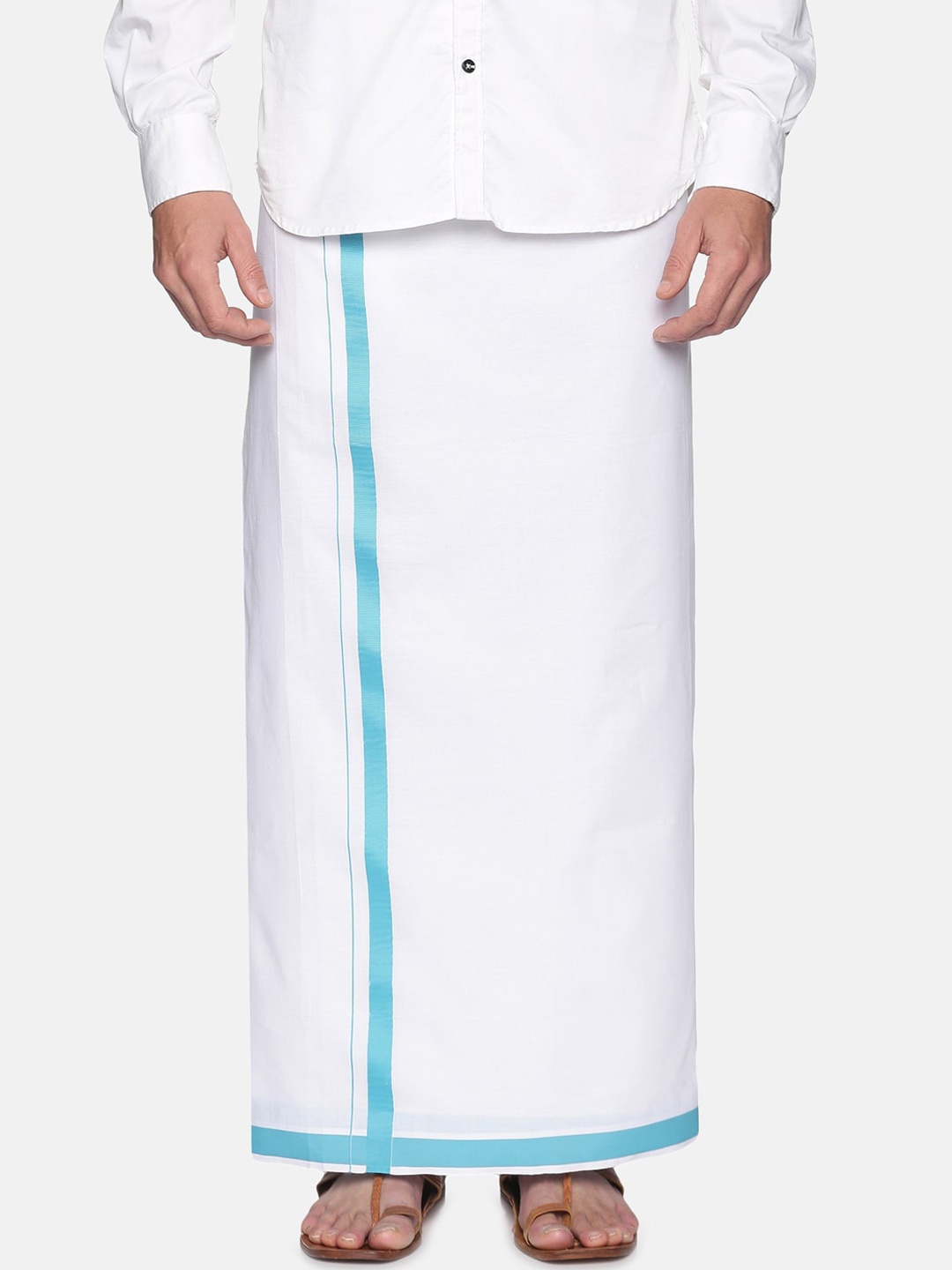 

Sethukrishna Men White & Blue Readymade Cotton Dhoti