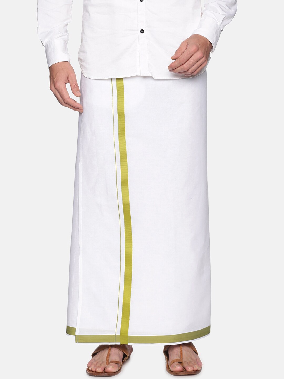 

Sethukrishna Men White & Olive Green Solid Cotton Readymade Mundu