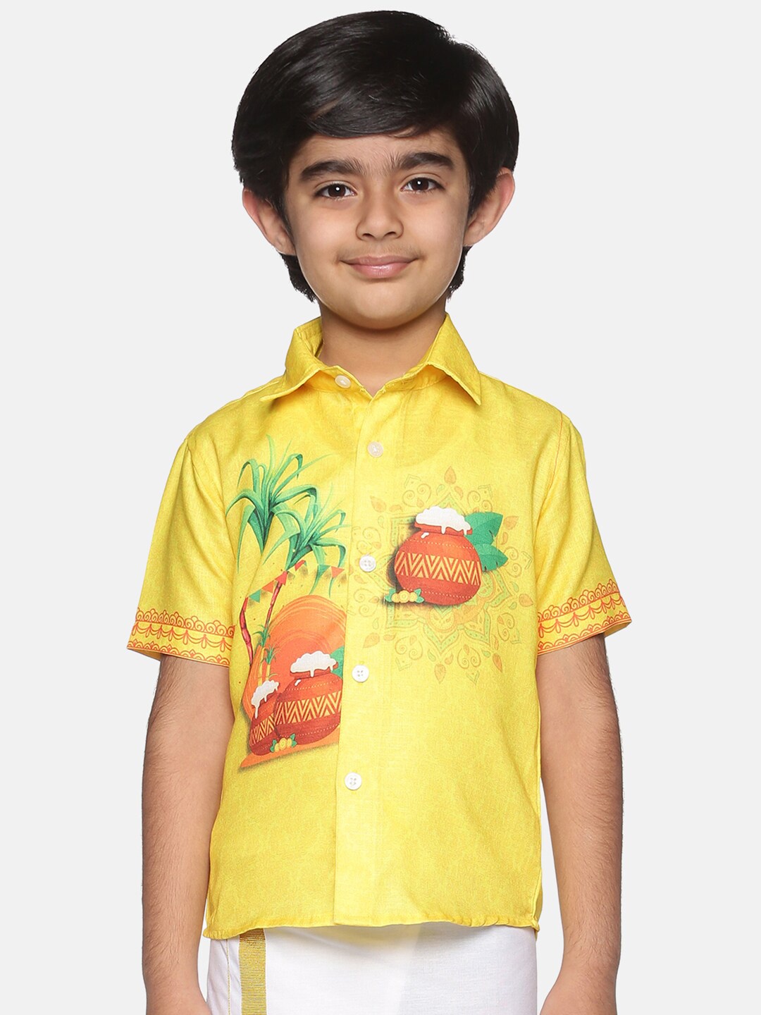

Sethukrishna Boys Yellow & Brown Conversational Print Casual Shirt