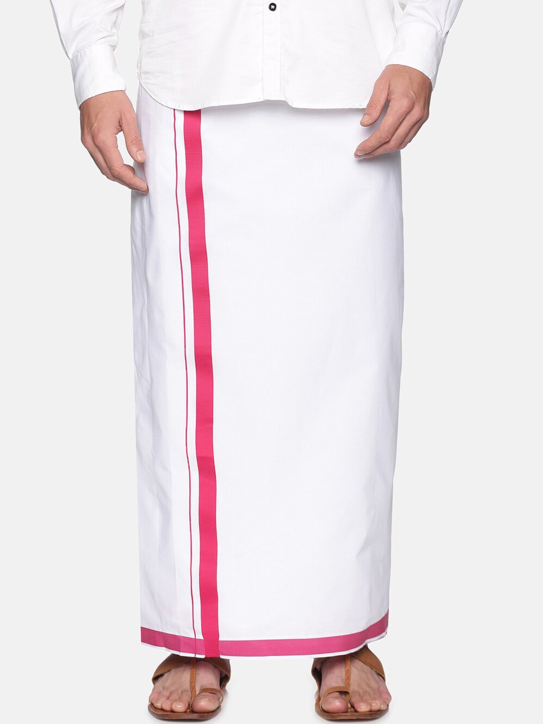 

Sethukrishna Men White & Pink Solid Cotton Readymade Mundu
