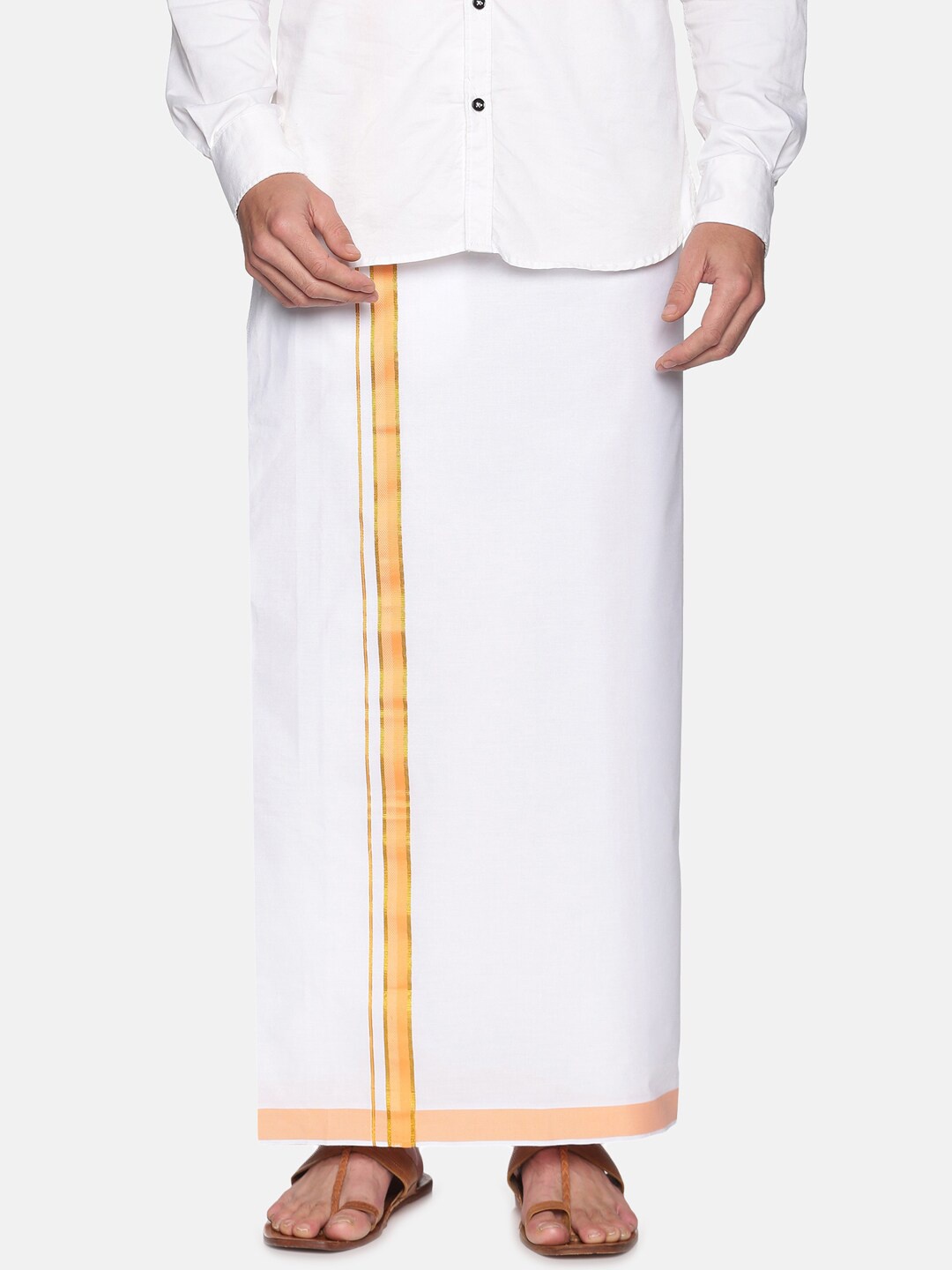 

Sethukrishna Men White & Peach-Coloured Readymade Cotton Dhoti